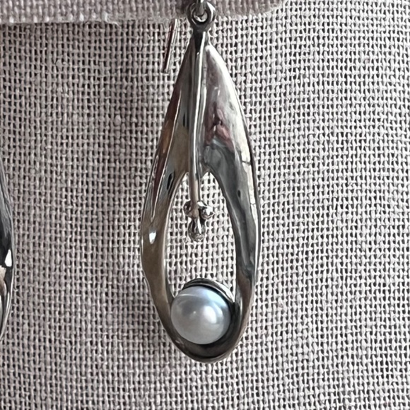 Vintage HG Isreal 925 Hagit Gorali sterling and pearl drop earrings - modernist - Picture 3 of 7